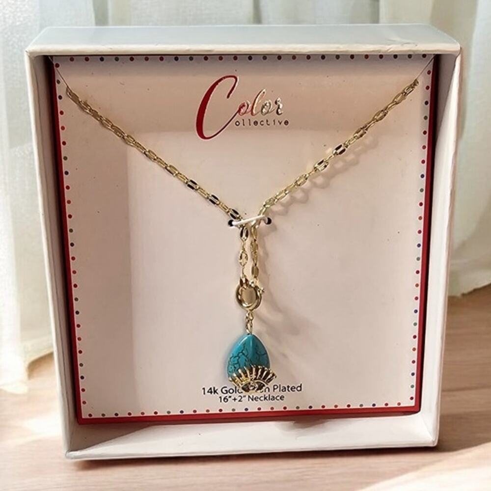 Turquoise Evil Eye Pendant Necklace 14k Gold Plated CZ Charm NWT 16” Minimalist